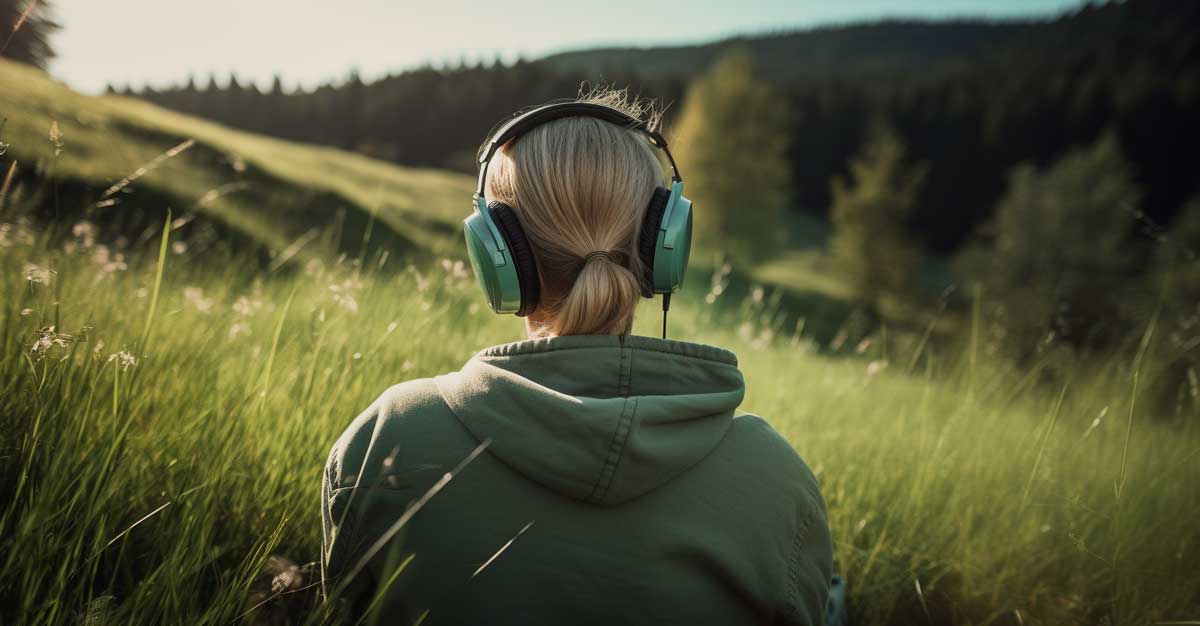 Woman staring off into green nature, wearing headphones