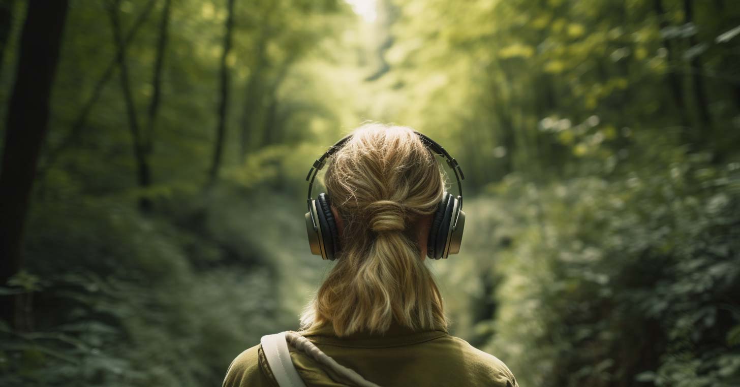 Woman wearing headphones on serene hike through nature