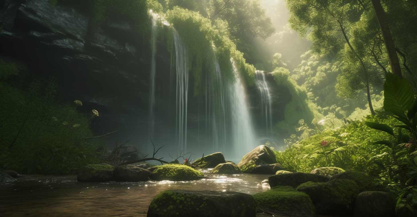 Serene green waterfall
