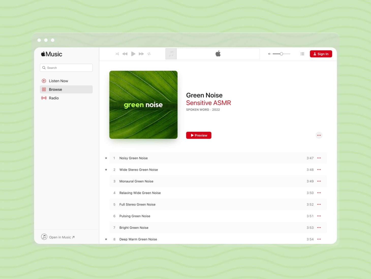 Green noise playlist on Apple Music