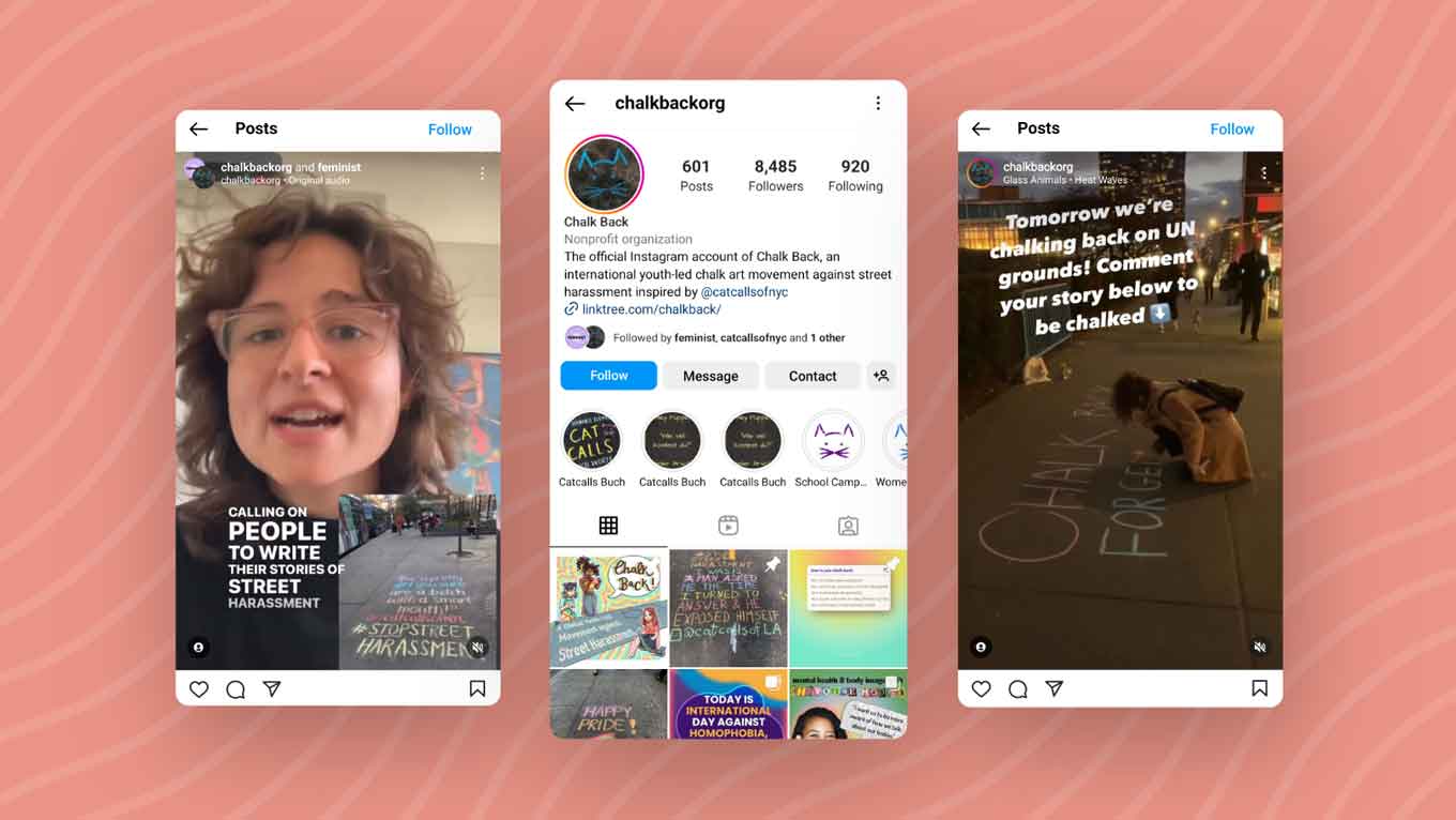 Three screenshots from instagram: A Reel encouraging people to write their stories, a the Chalk Back profile, and another Reel calling for story submissions.