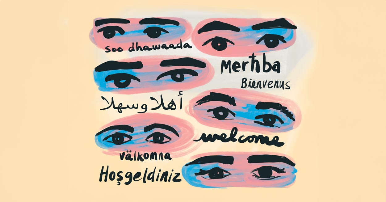 Illustration of refugees from around the world, with the word welcome written in several different languages