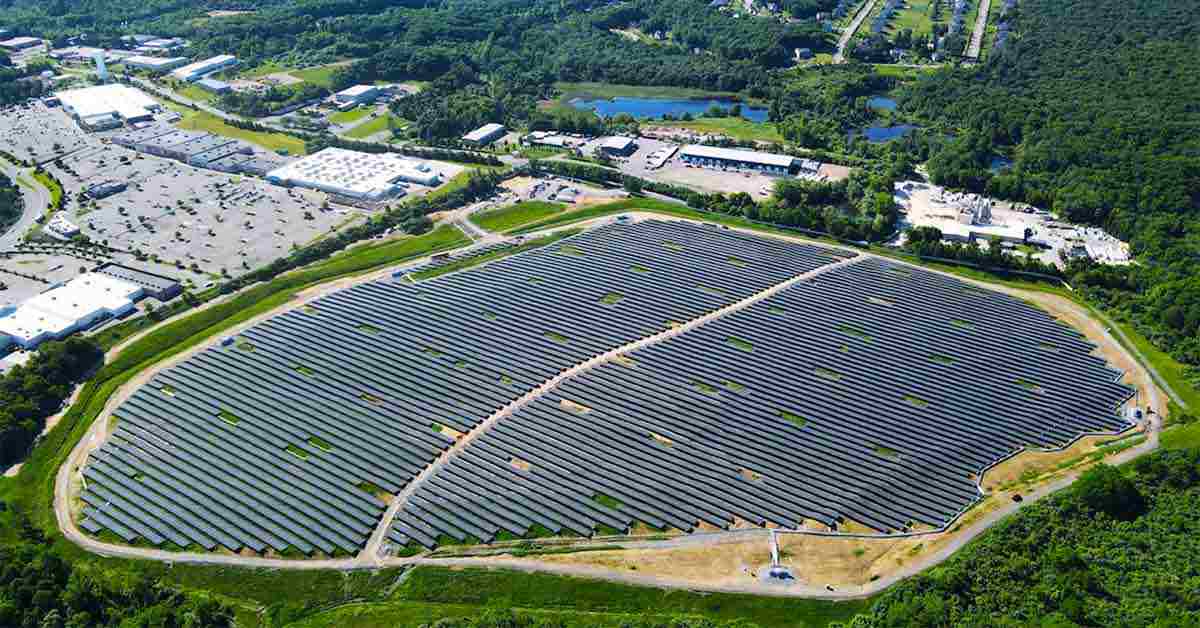 A solar park seen from an aerial view