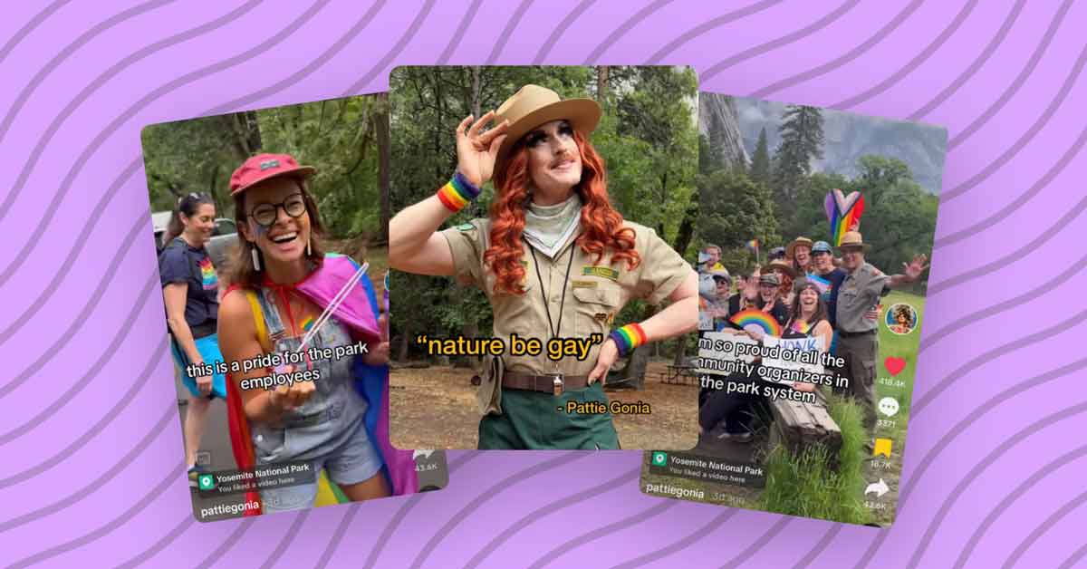 A screenshot of a person waving a Pride flag in a TikTok video, Pattie Gonia in a park ranger outfit, and a group of LGBTQ+ park rangers