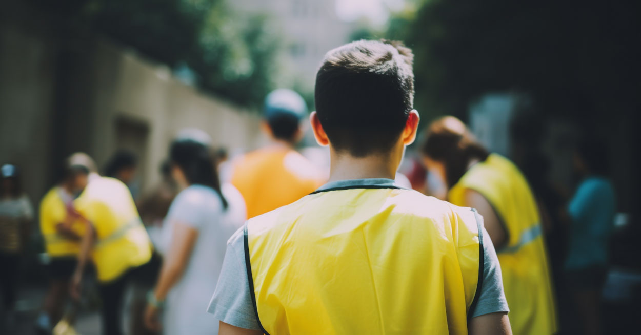 Nonprofit volunteers wearing yellow vests