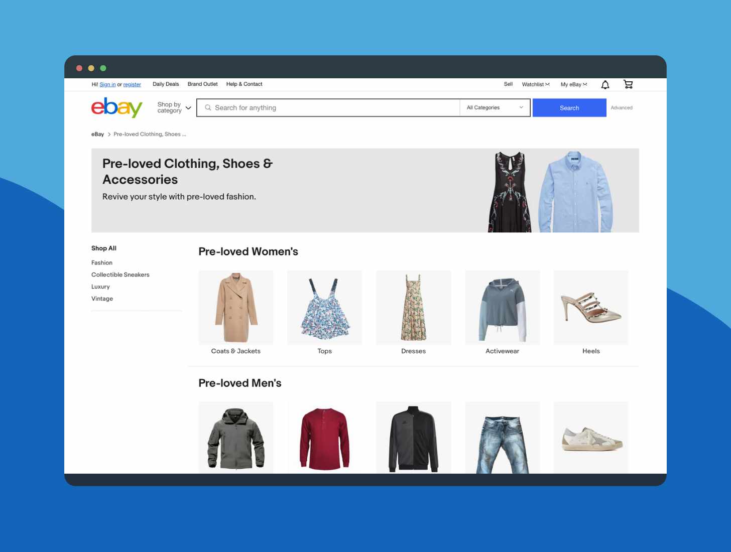 eBay landing page for pre-loved clothing, shoes, and accessories