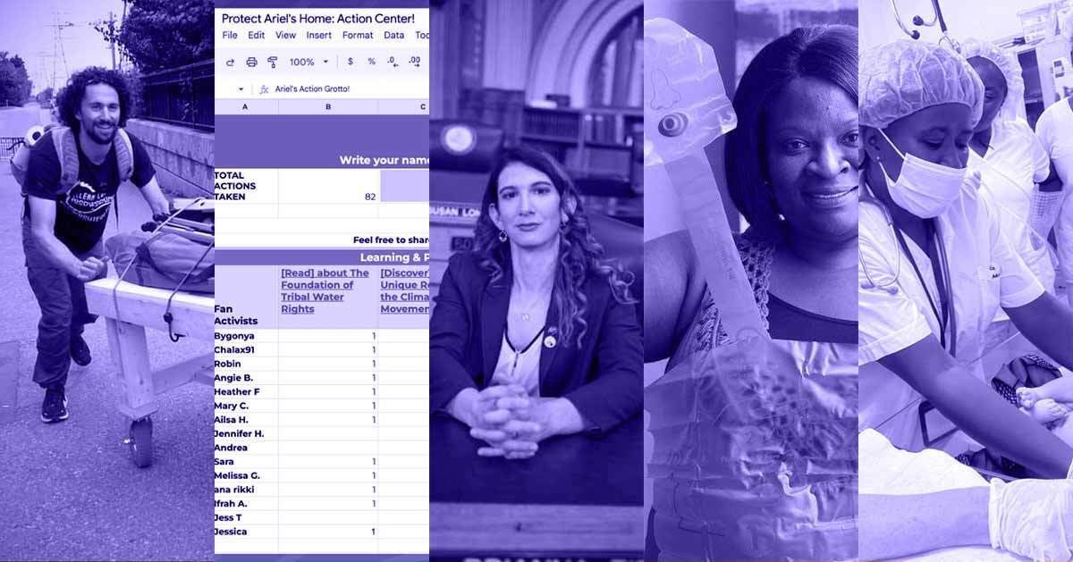 A photo collage of Morely Kert pushing a table, a spreadsheet screenshot, Rep. Brianna Titone posing for the camera, Felicia Jackson holding her CPR Wrap, and a nurse attending to a patient