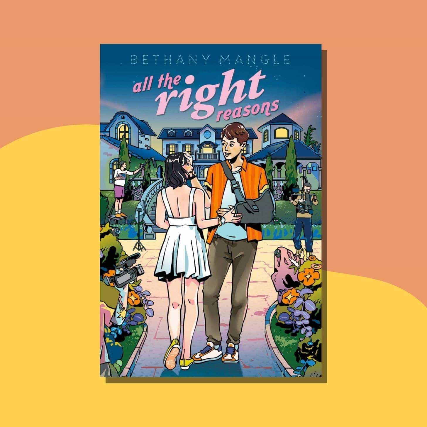 “All the Right Reasons” by Bethany Mangle - Cover shows an illustration of a boy with a cast and a girl in a dress, and tv cameras all around them