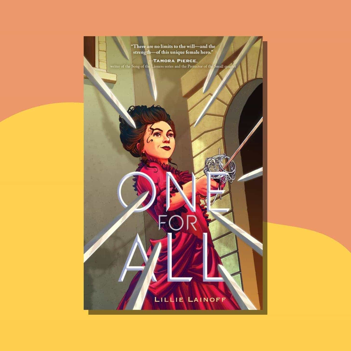 “One for All” by Lillie Lainoff - cover shows a bunch of swords pointing swords at a woman in a ball gown, also holding a sword