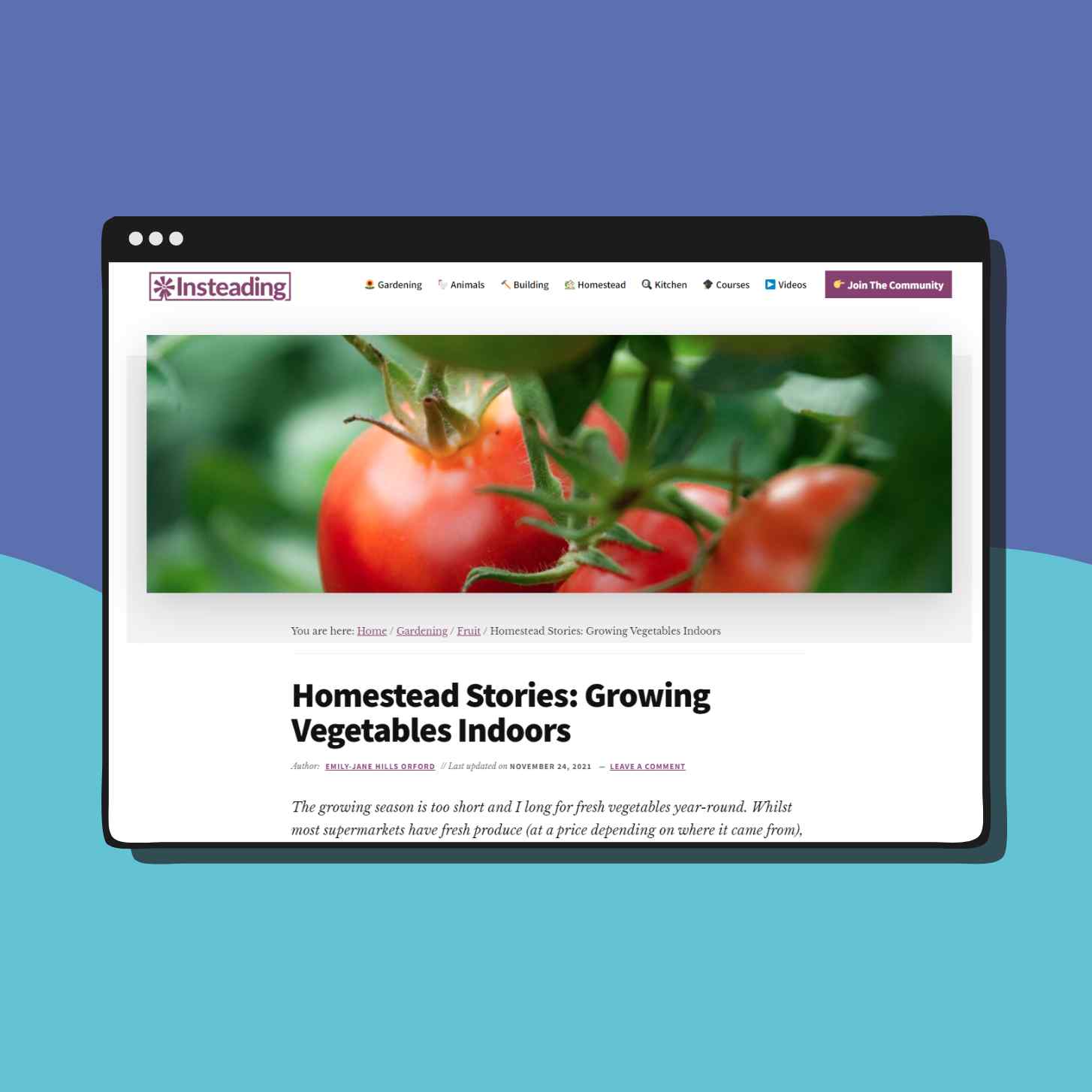 Webpage of Insteading Featuring A Blog Post Titled 'Homestead Stories: Growing Vegetables Indoors' 