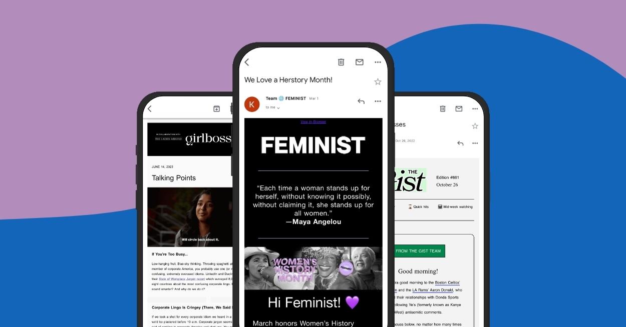 Mobile screenshots of three of the top feminist newsletters