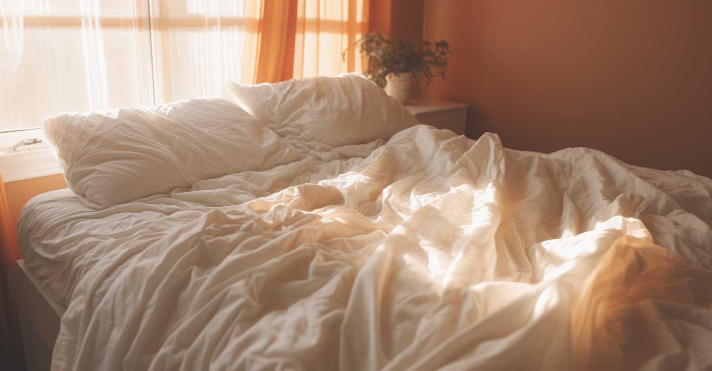 Unmade bed with messy sheets in the morning light