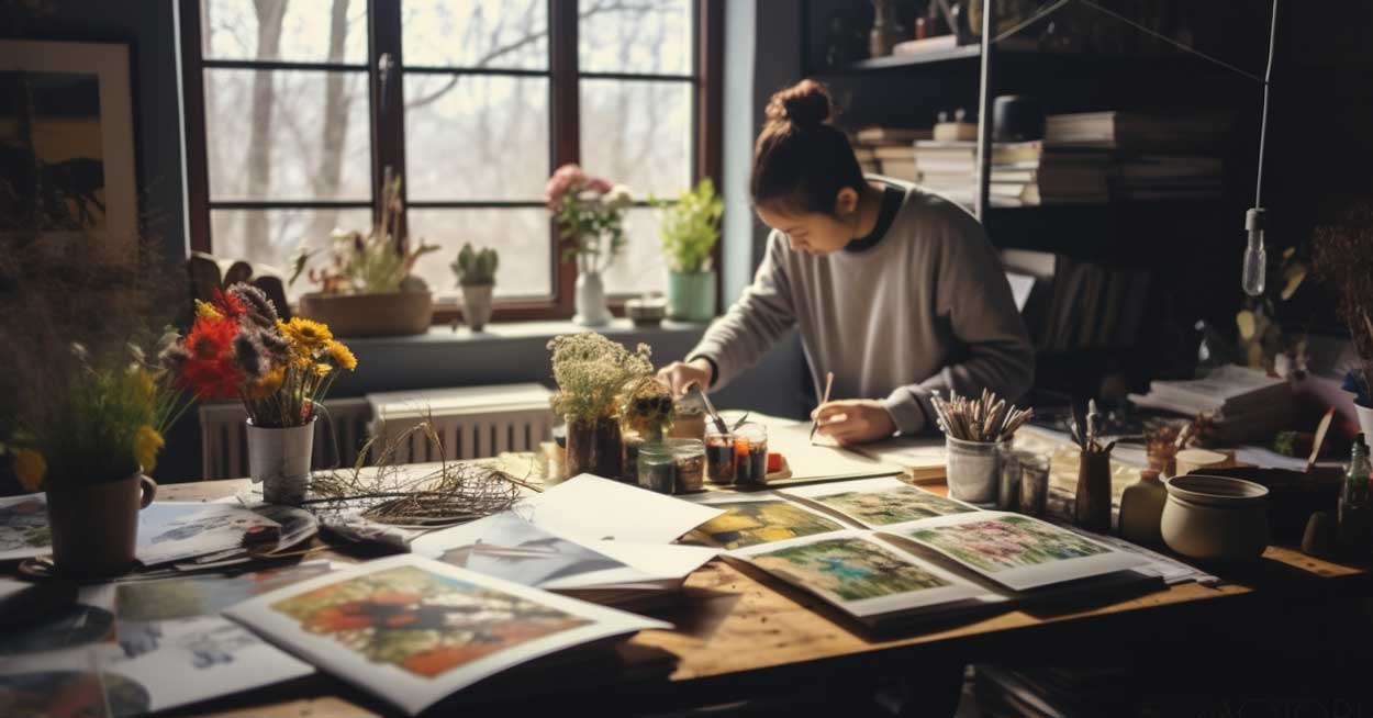 A woman working on an art project at her table as a remedy for boredom