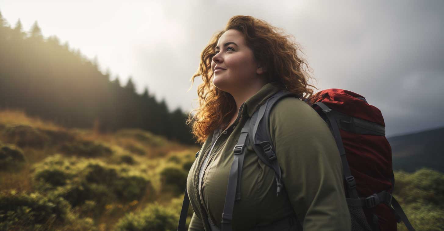 A woman hiking with a backpack