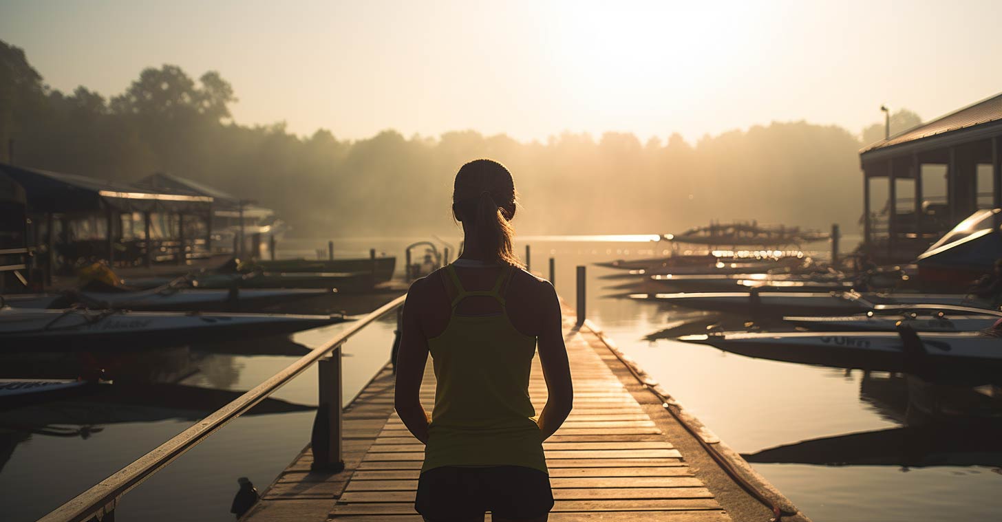A woman on a dock before rowing practice