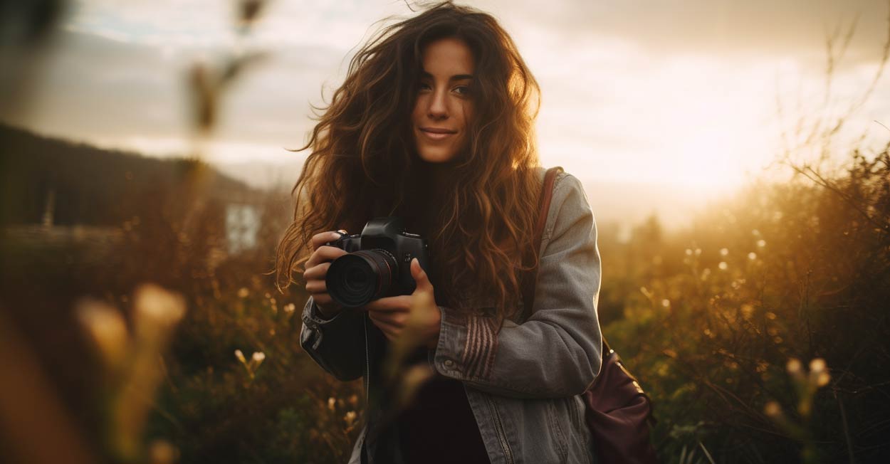 A woman holding a camera and practicing photography outside
