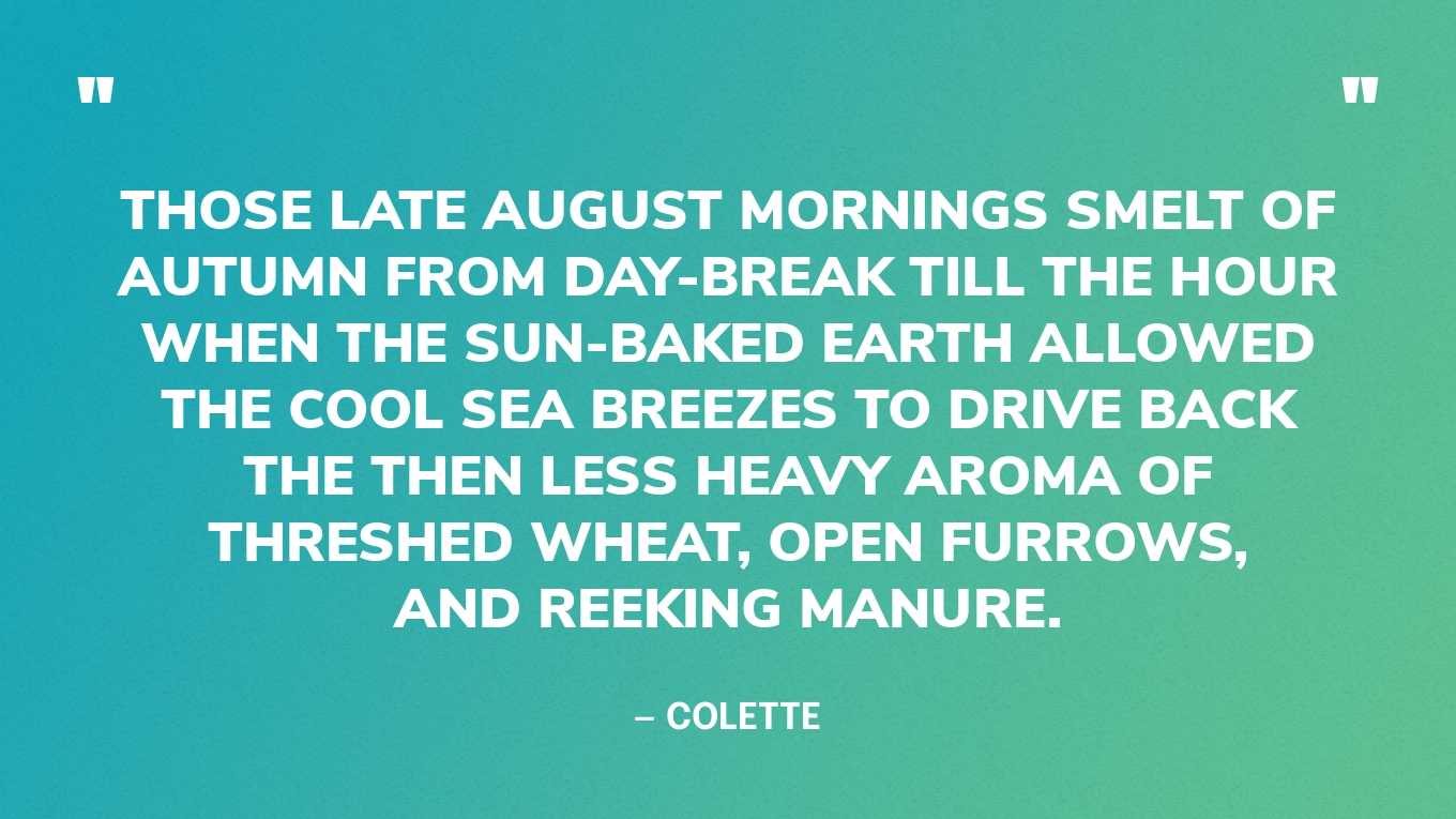 “Those late August mornings smelt of autumn from day-break till the hour when the sun-baked earth allowed the cool sea breezes to drive back the then less heavy aroma of threshed wheat, open furrows, and reeking manure.” — Colette, The Ripening Seed