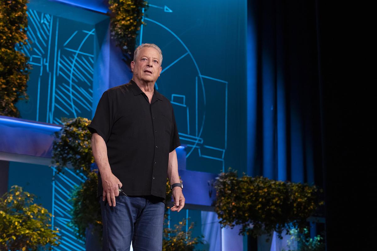 Al Gore speaks on stage at TED Countdown