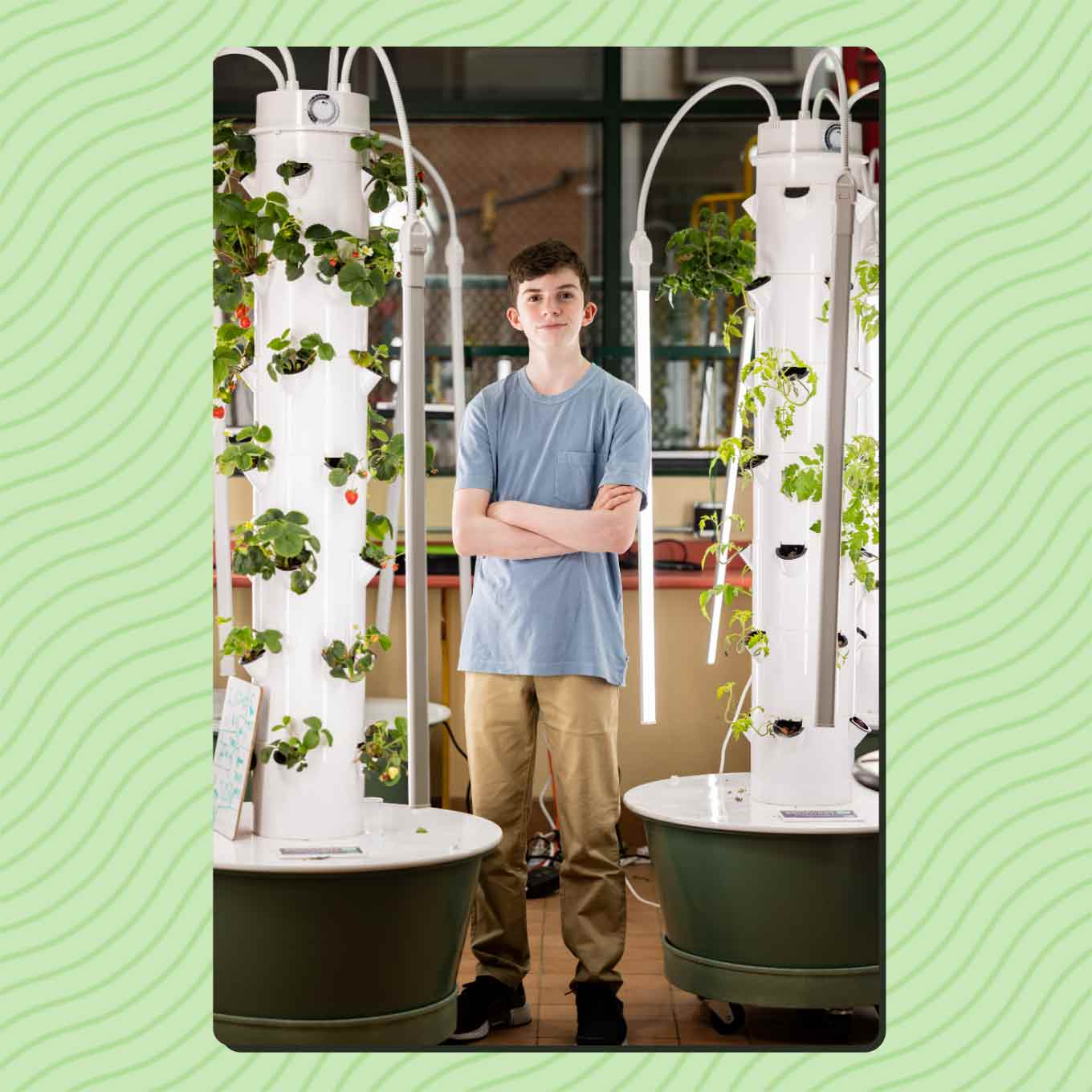 Steven Hoffen stands with his arms crossed among an indoor hydroponic garden.