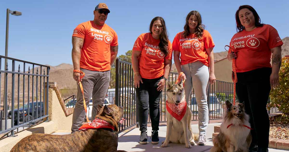 Four people in orange shirts stand with three therapy dogs.