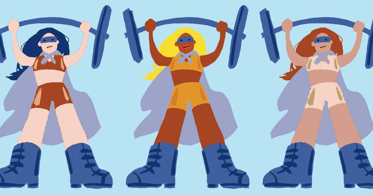 A drawing of three girls wearing capes and lifting weights