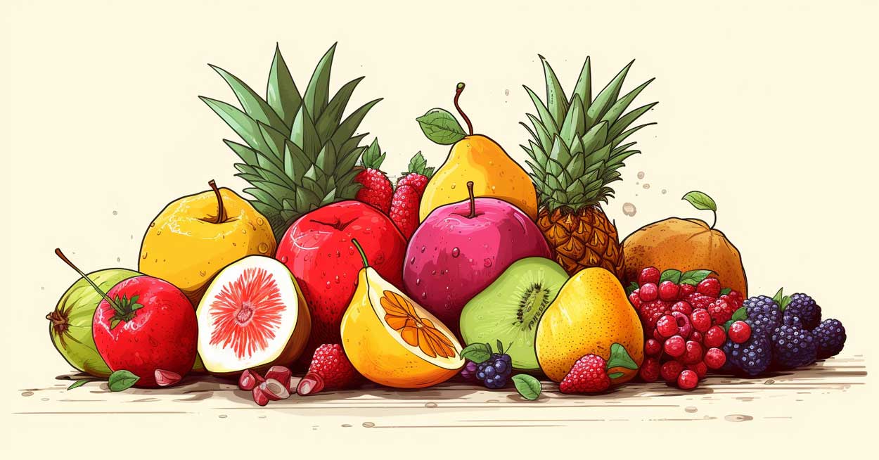 Illustration of several diverse fruits all grouped together