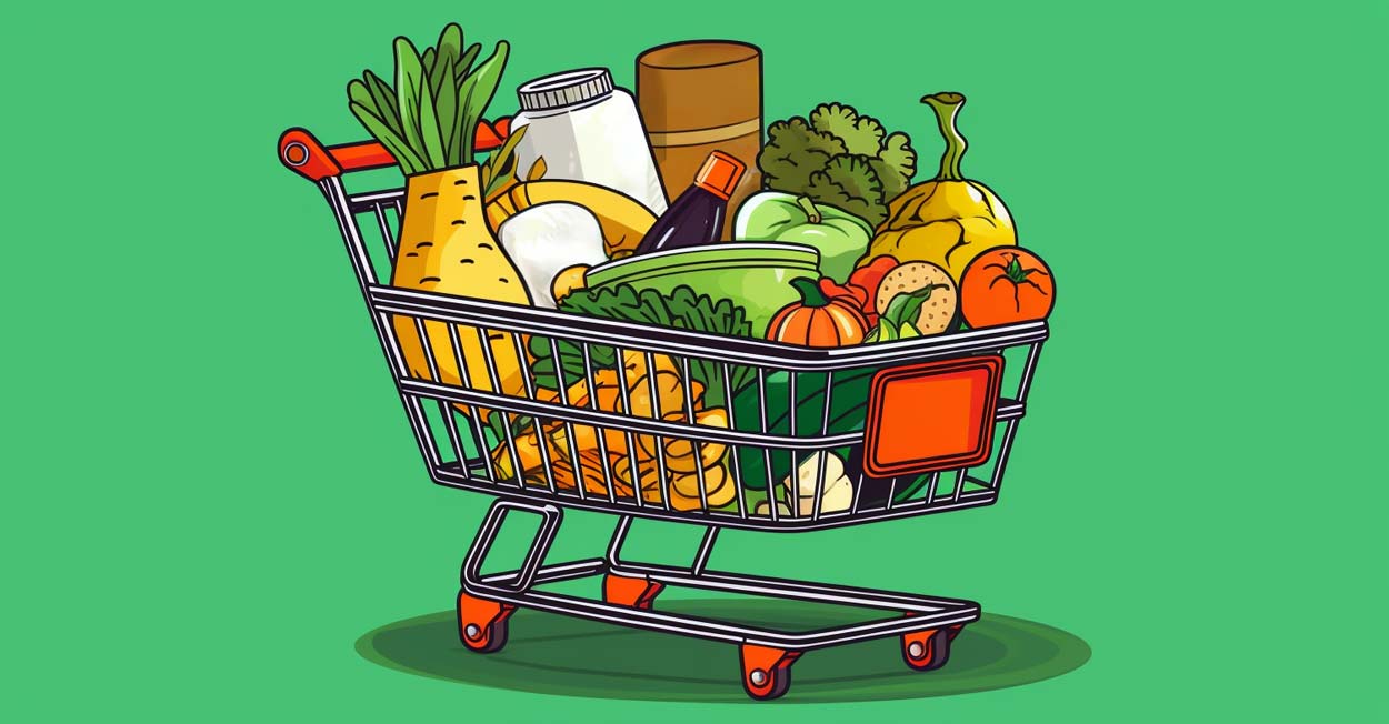 Grocery cart full of vegan foods