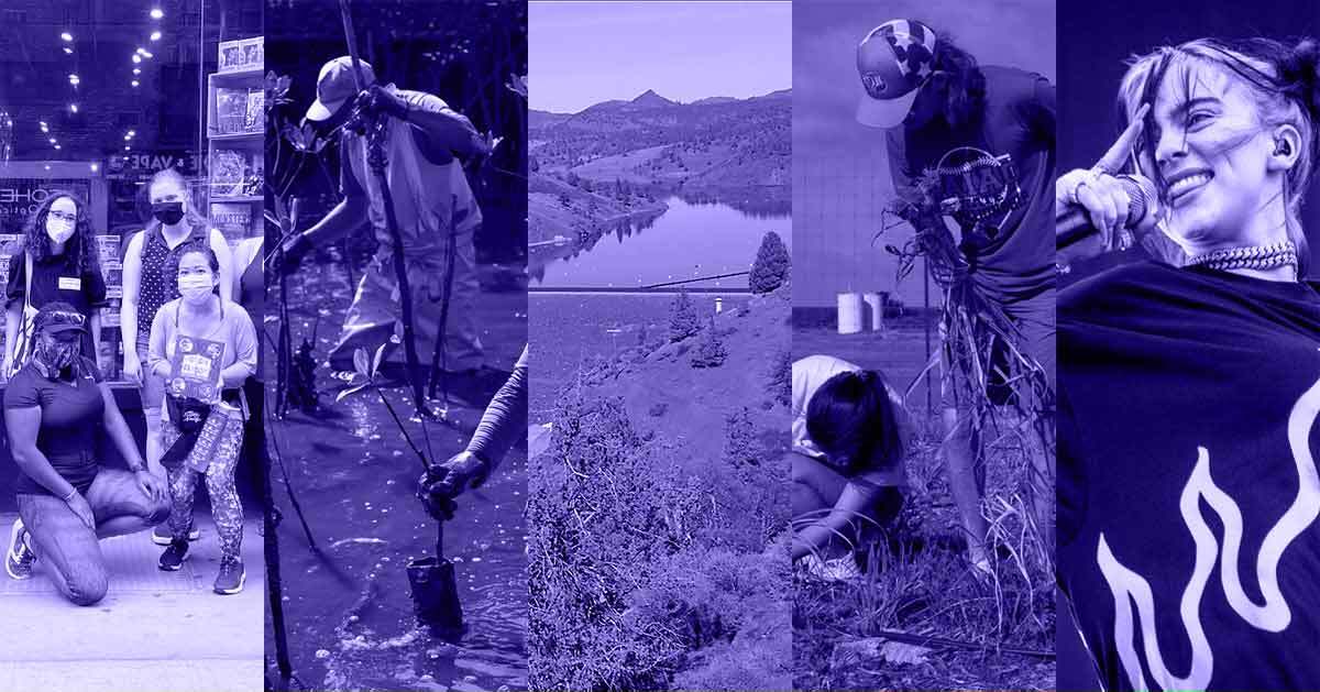 A photo collage of a Robyn Warren and three of her female students, people planting mangroves, an aerial view of the Klamath River, two people harvesting from a garden, and a close-up photo of Billie Eilish performing