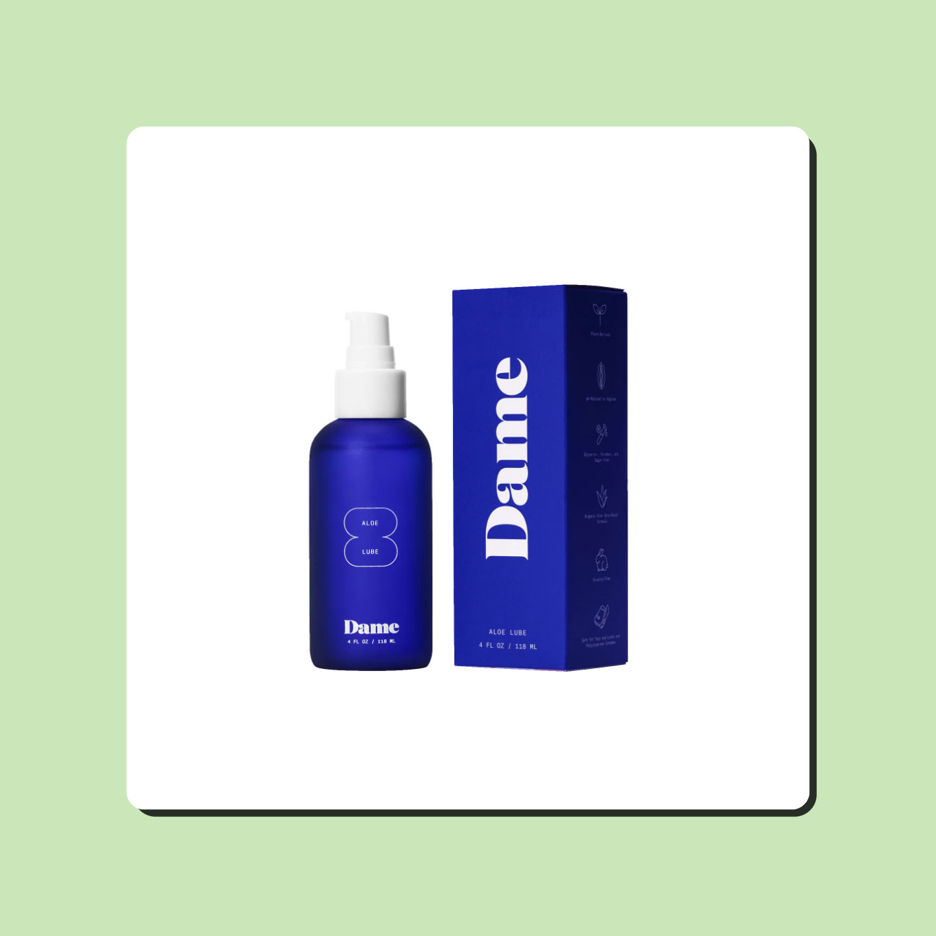 Dame's aloe lube is in a blue bottle, next to a blue box