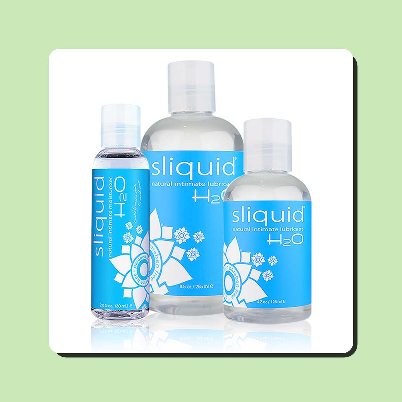 Three clear bottles of Sliquid's H2O lube