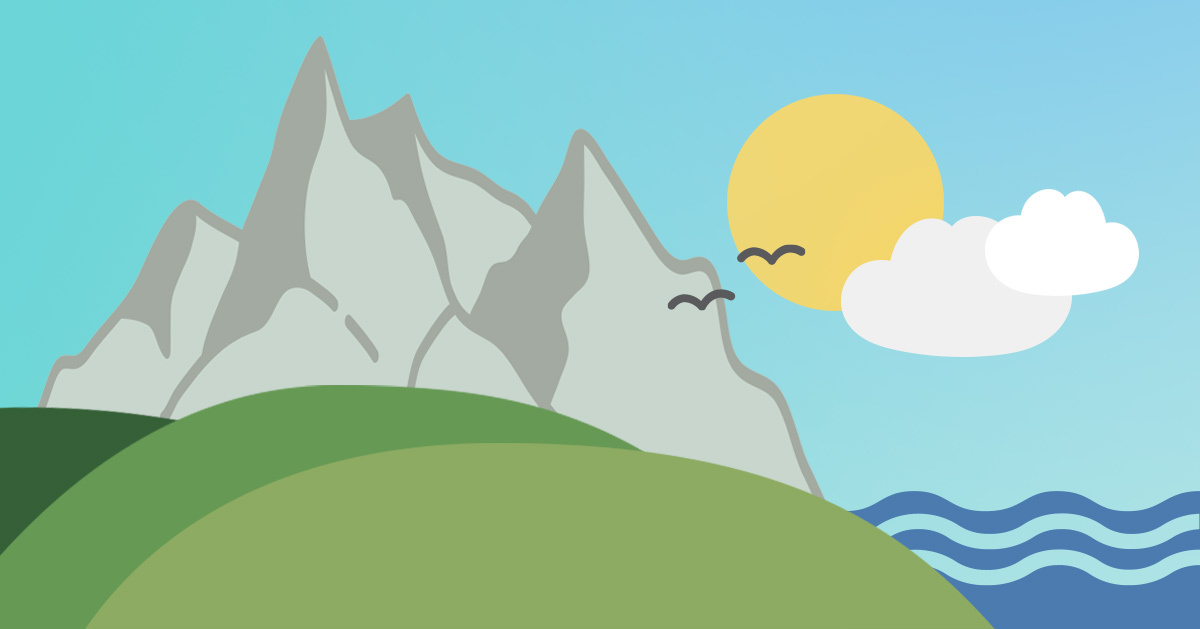 A digital illustration of mountains, sea, and grasslands with a sun and clouds in the sky