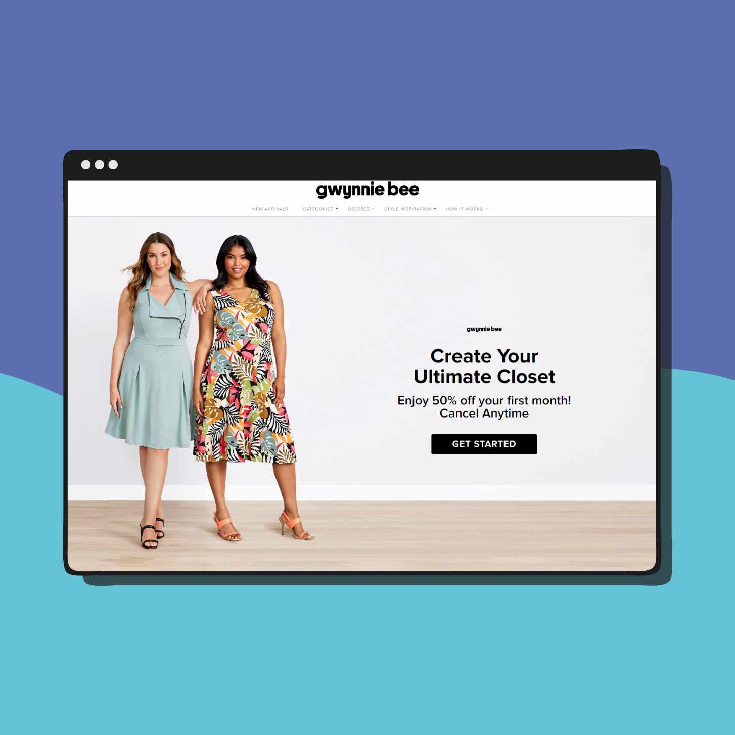 Gwyniie Bee's Website Showcasing Two People Wearing Dresses. The Person On The Left Is Wearing a Teal Dress And The Person On The Right A Tropical Dress