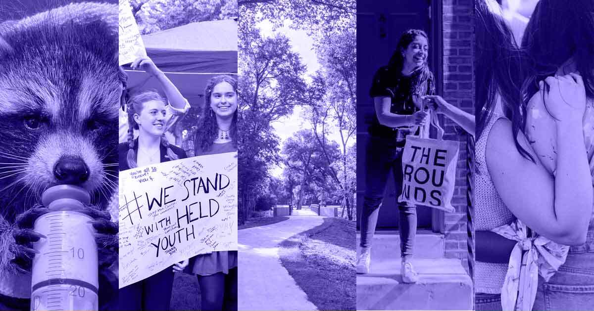 A photo collage of a raccoon drinking milk from a bottle, two young adults holding up a sign, a trail, a woman holding a Rounds tote bag, and two women facing away from the camera while holding each other by the arms