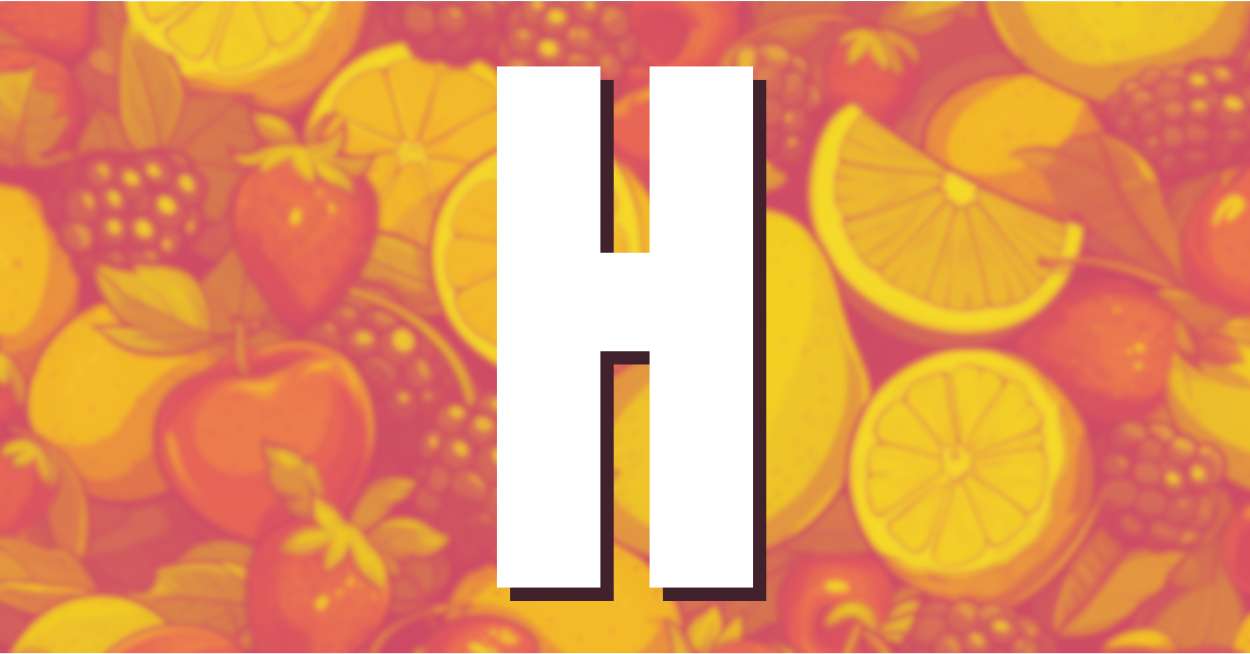 Illustration of several fruits, with the letter H