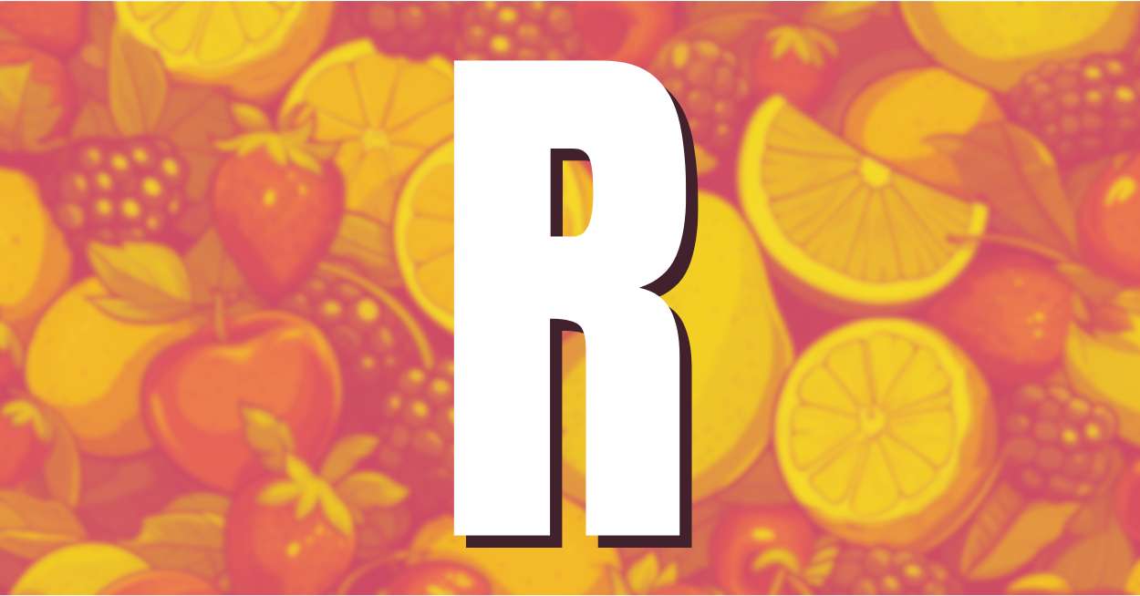 Illustration of several fruits, with the letter R