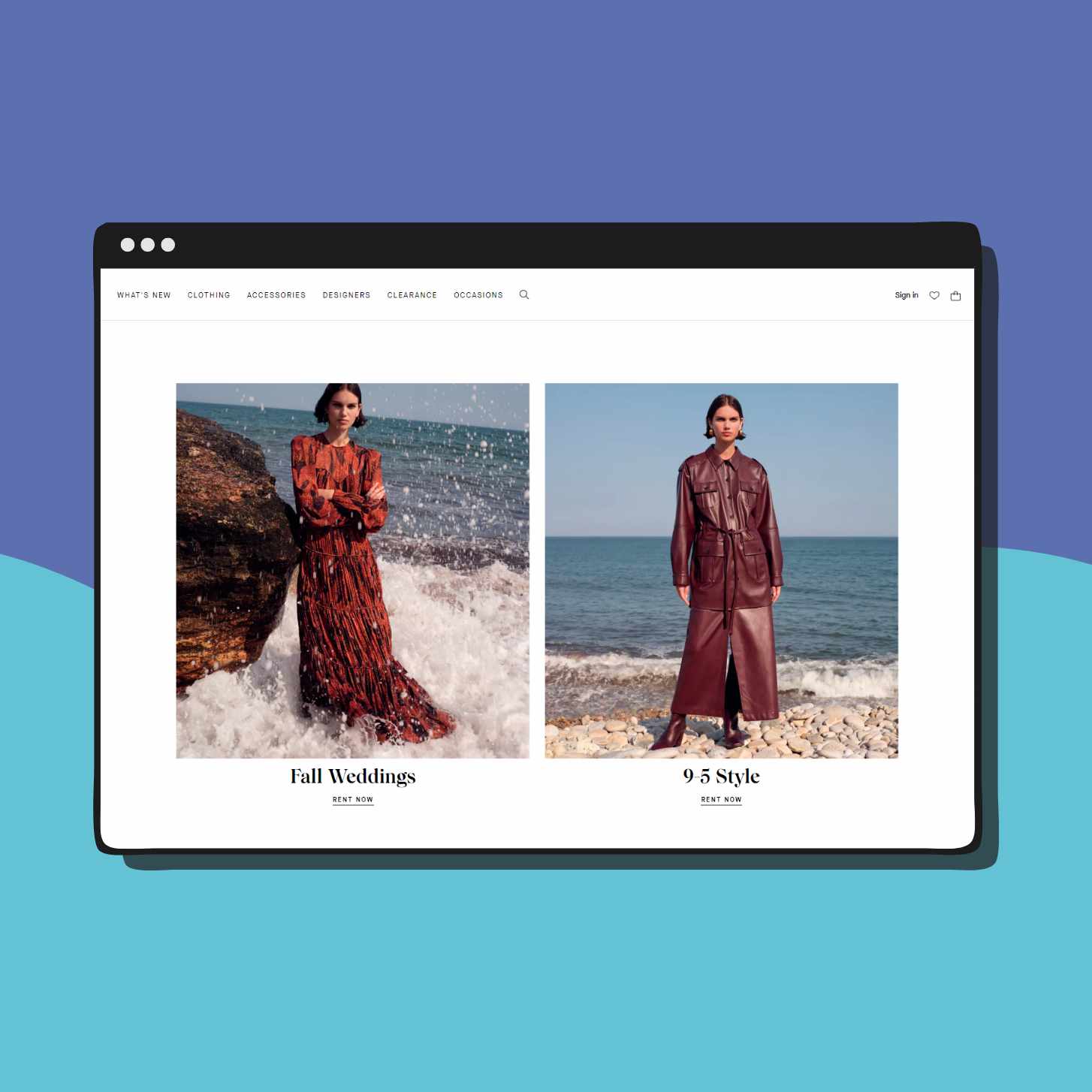 Rent The Runway Homepage Showcasing A Fall Wedding Dress On The Left and a 9-5 Style Jacket On The Right