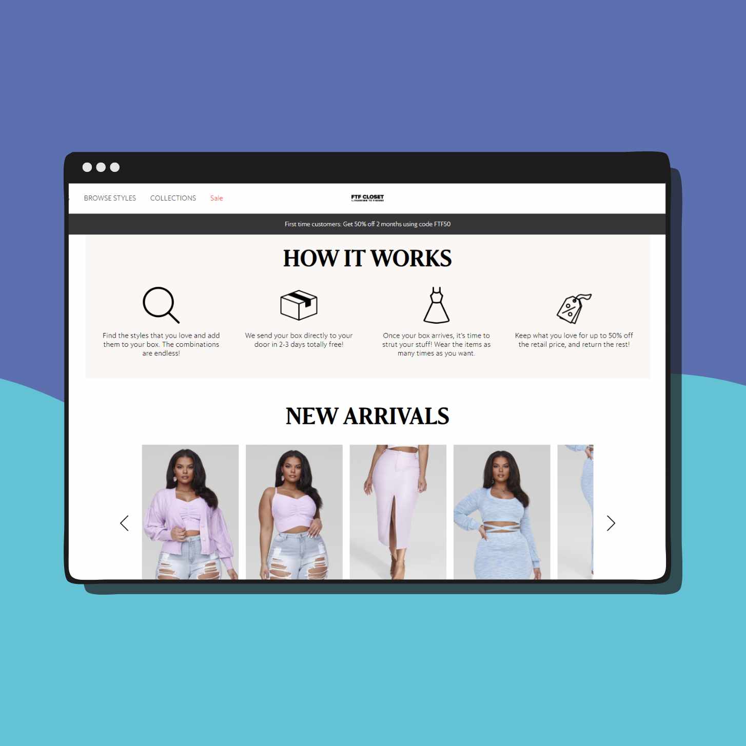 Fashion To Figure Closet's Homepage Showcasing Their New Arrivals and Explaining How The Website Works