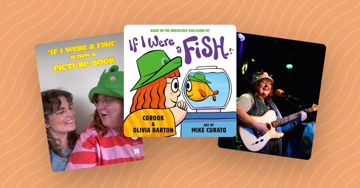 Screenshots of Corook and Olivia Barton, and their book cover for "If I Were A Fish"