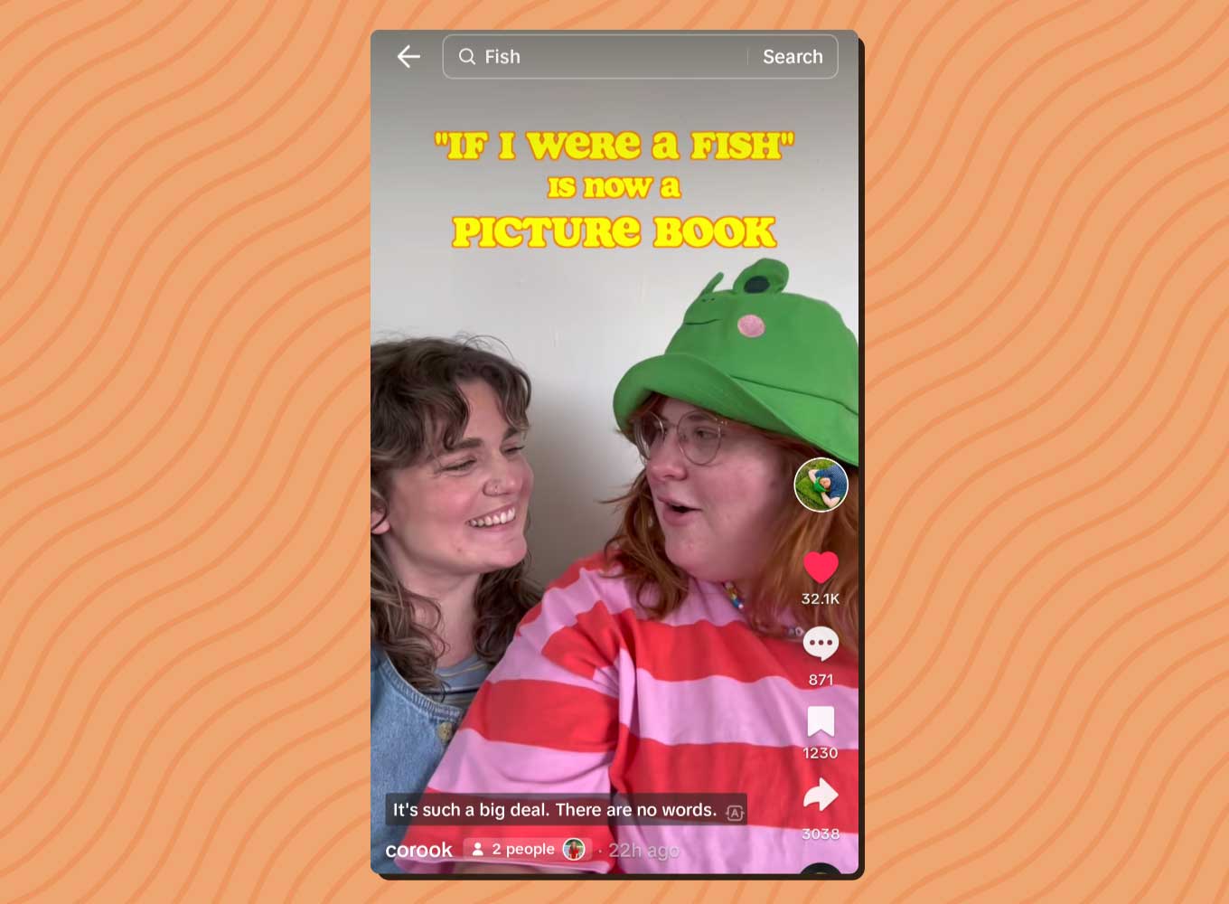 TikTok screenshot of Corook and Olivia Barton. "If I Were A Fish is now a picture book"