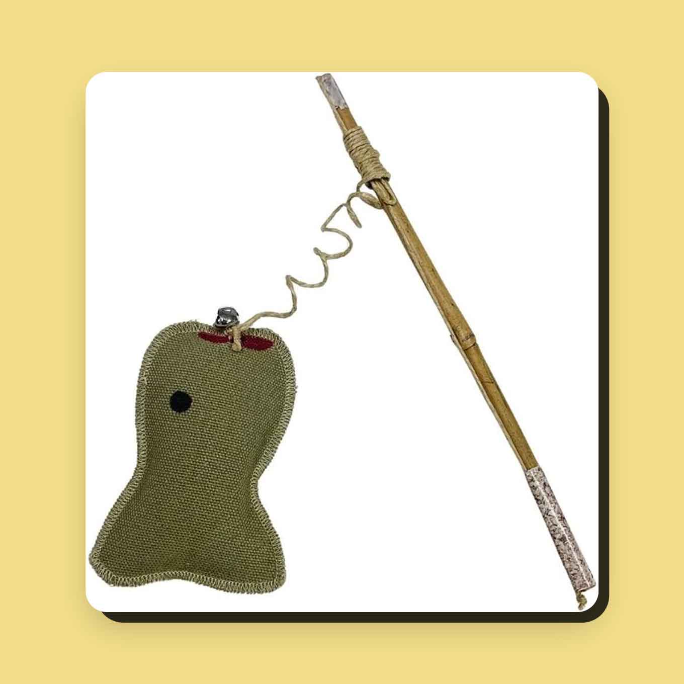 A hemp fish toy on a wooden stick