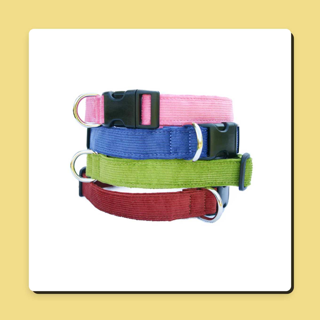 A stack of four dog collars in various colors