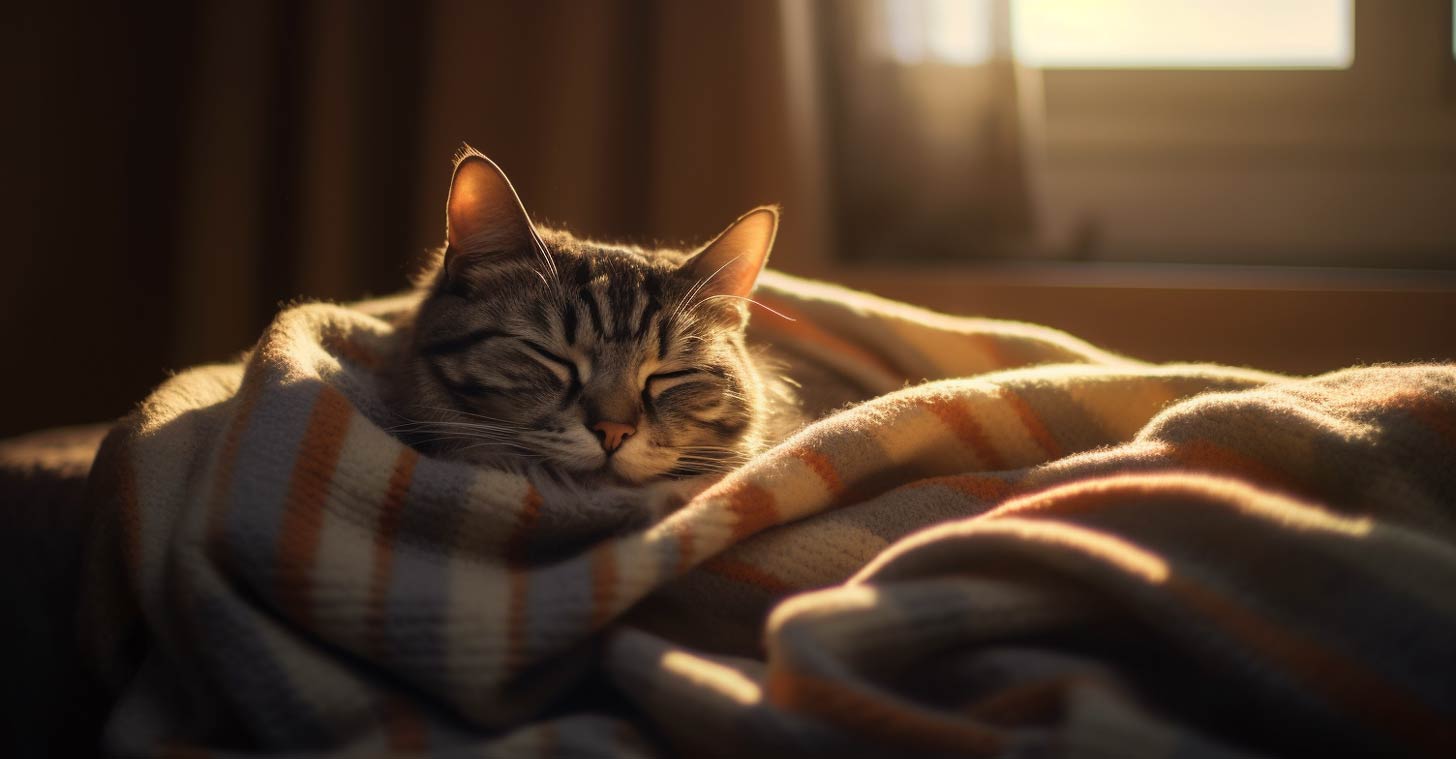 A safe cat sleeping in a blanket after being helped