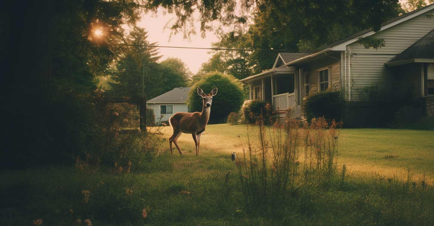 A deer in a neighborhood yard