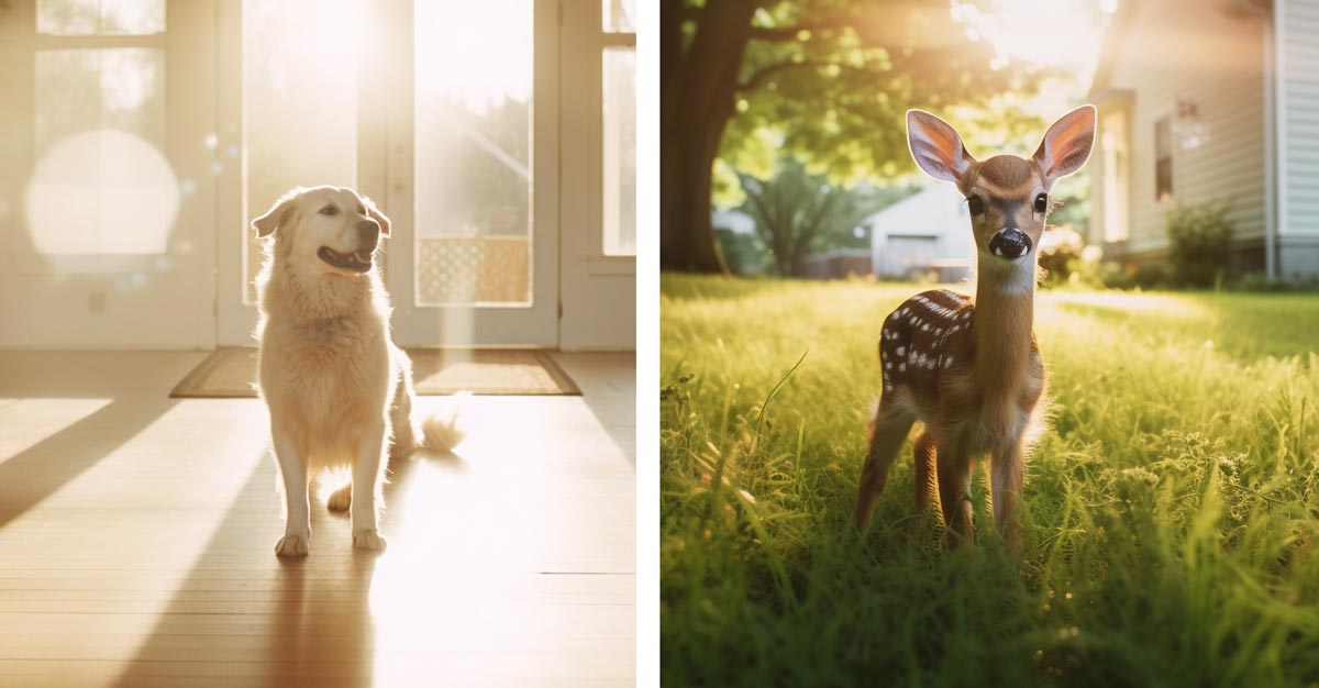 Photos of a dog and a baby deer, to represent how to help animals