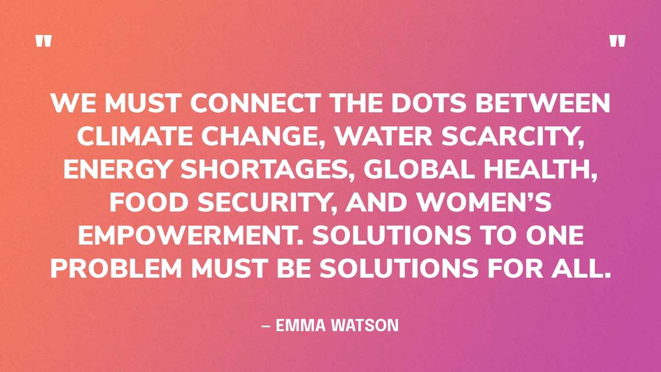 “Saving our planet, lifting people out of poverty, advancing economic growth… These are one and the same fight. We must connect the dots between climate change, water scarcity, energy shortages, global health, food security, and women’s empowerment. Solutions to one problem must be solutions for all.” — Emma Watson