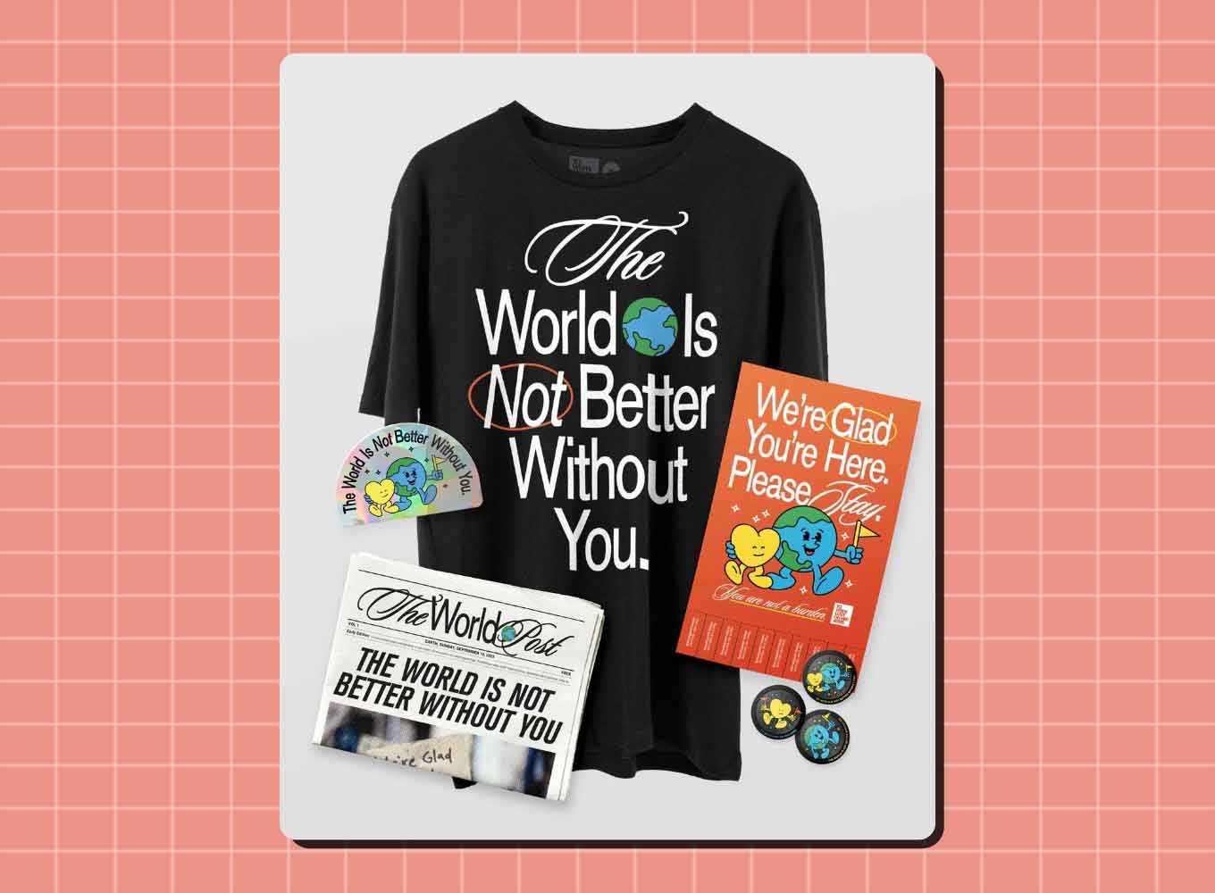 A t-shirt, poster, sticker, and newspaper in the Suicide Prevention Pack from TWLOHA