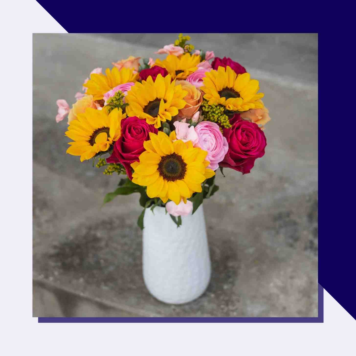 An Eco-Friendly Flower Vase with A bouquet of Roses And Sunflowers