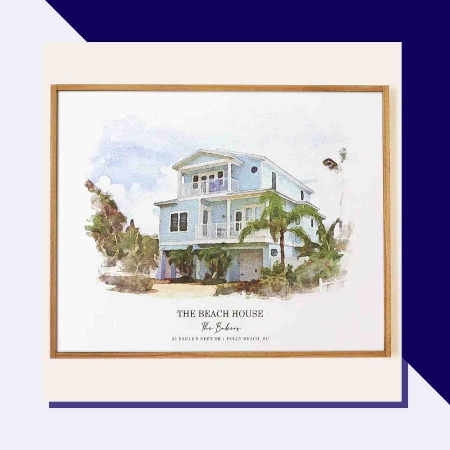 A Water Color Custom Portrait With A Beach House Painted With The Location 