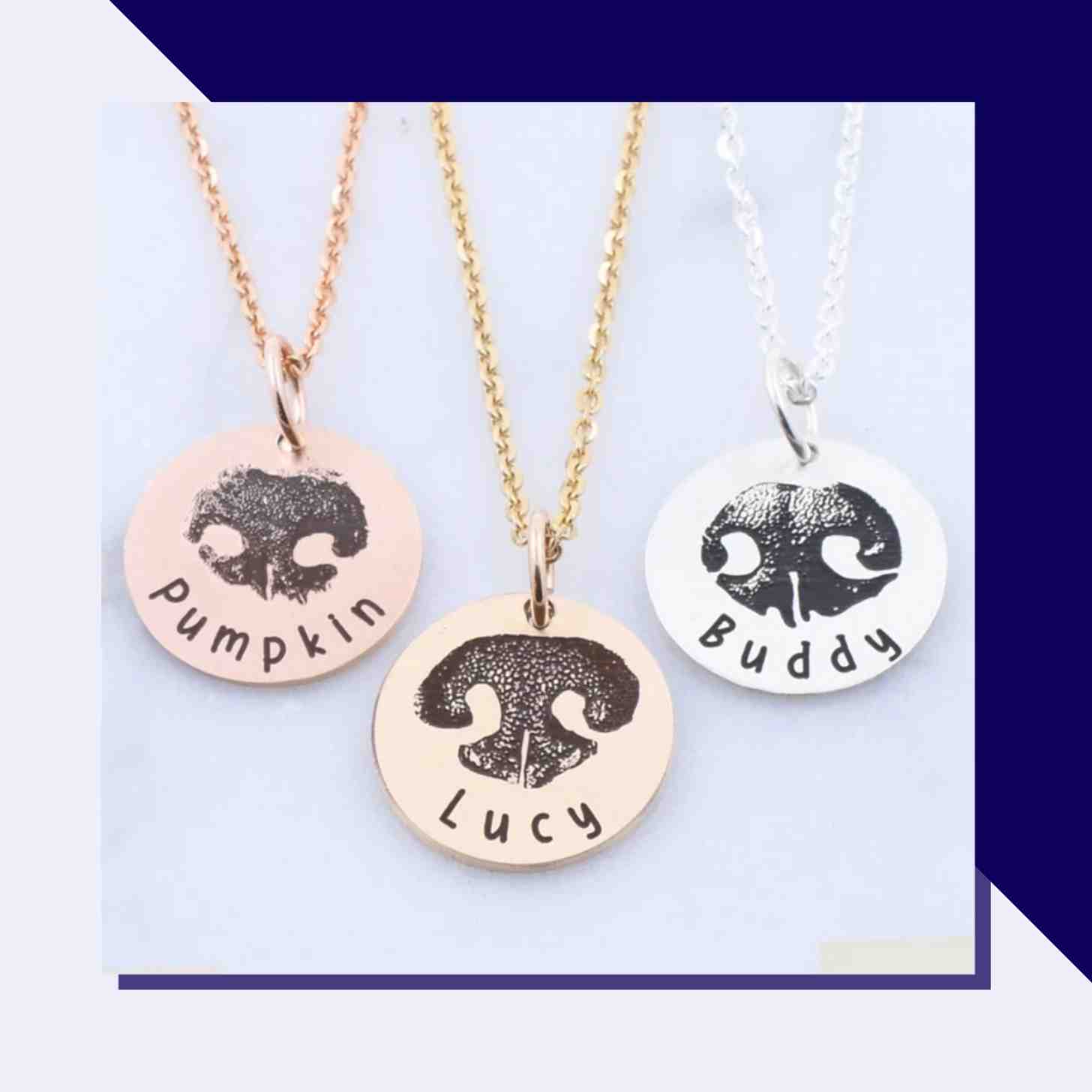 Three Perzonalized Necklaces With Dog Noses Engraved On Them