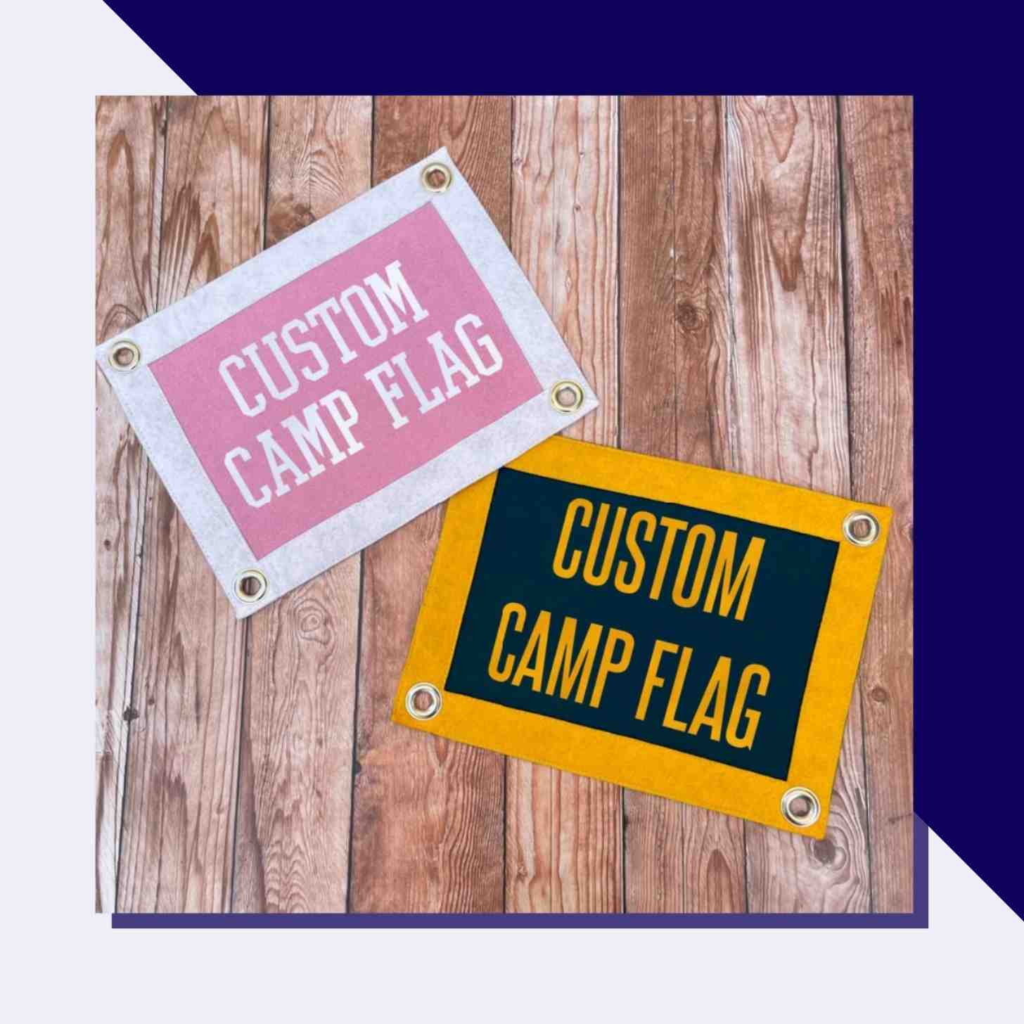 Two Customizable Camp Flags. The One On The Left Is White And Pink. The One On The Right Is Yellow And Green